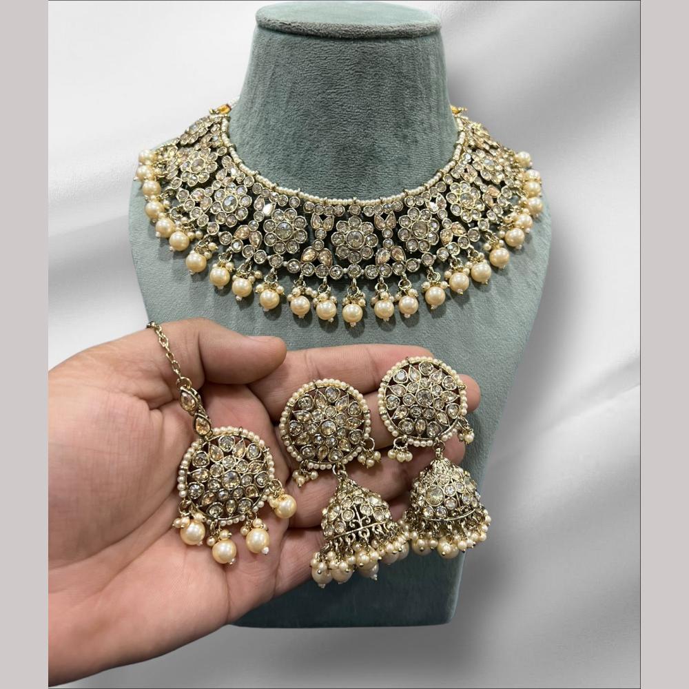 Hira Collections Gold Plated Crystal Stone And Beads Necklace Set