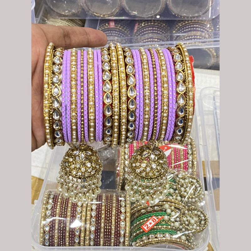 Hira Collections Gold Plated Kundan Stone (6 Set) Mix Color Bangle Set