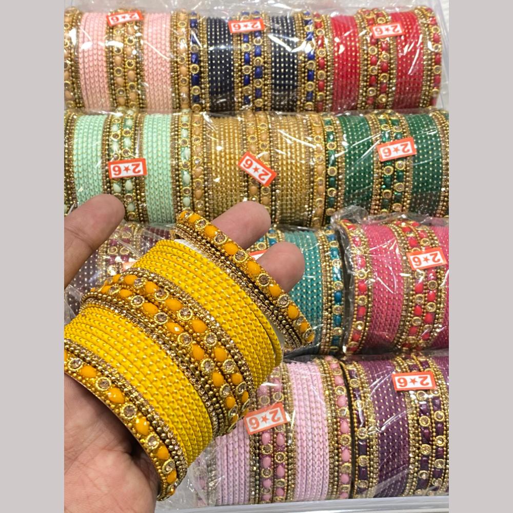 Hira Collections Gold Plated Pota Stone (12 Set) Mix Color Bangle Set