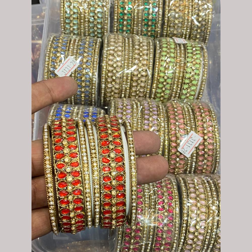 Hira Collections Gold Plated  Pota Stone (12 Set) Mix Color Bangle Set