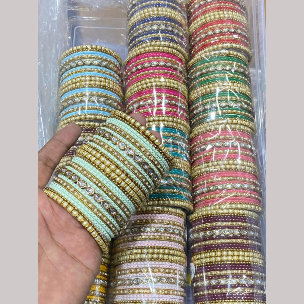 Hira Collections Gold Plated  Kundan Stone (12 Set) Mix Color Bangle Set