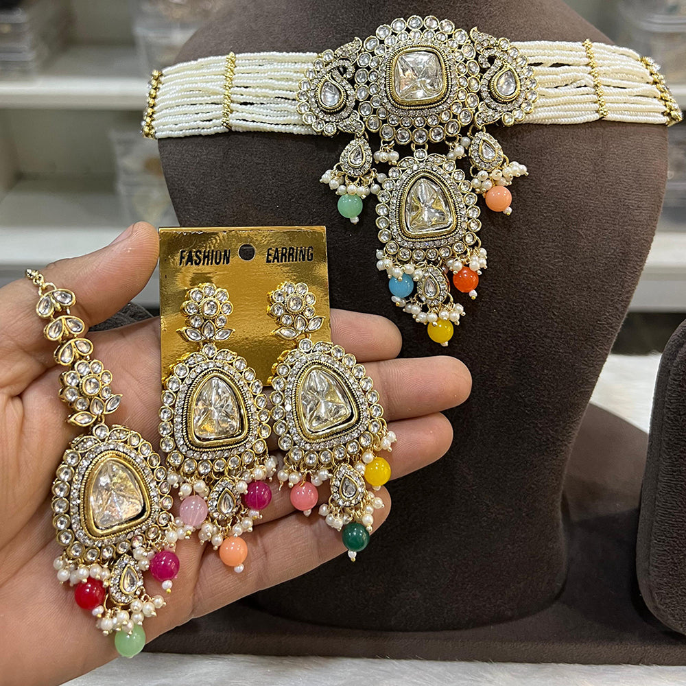 Hira Collections Gold Plated Kundan Stone And Pearls Choker Necklace Set