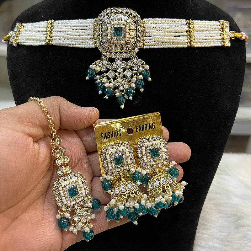 Hira Collections Gold Plated Kundan And Beads Pearl Choker Necklace Set