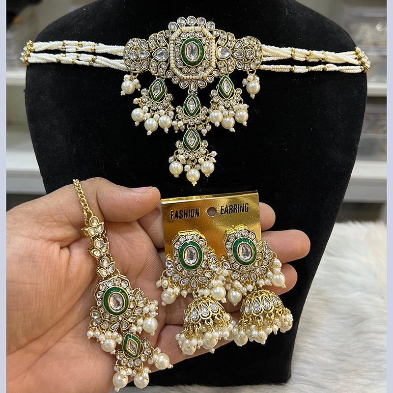 Hira Collections Gold Plated Kundan And Beads Pearl Choker Necklace Set