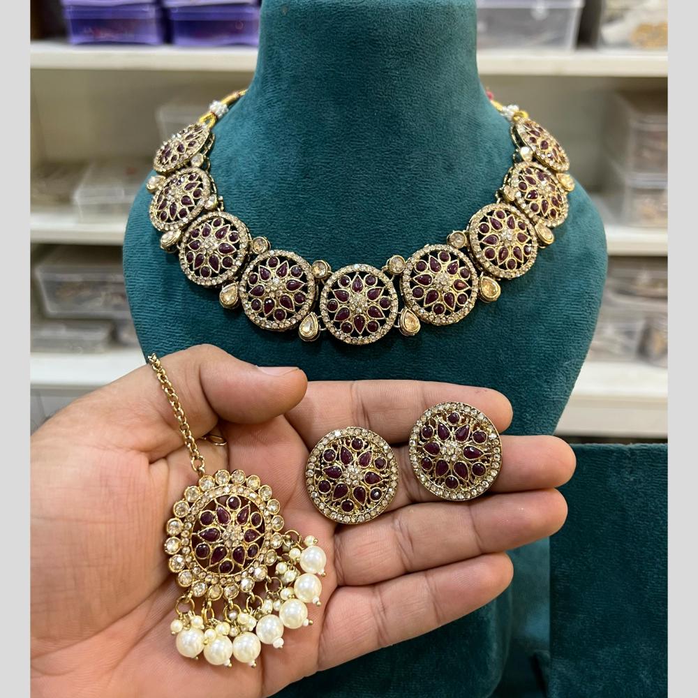 Hira Collections Gold Plated Crystal Stone And Beads Necklace Set