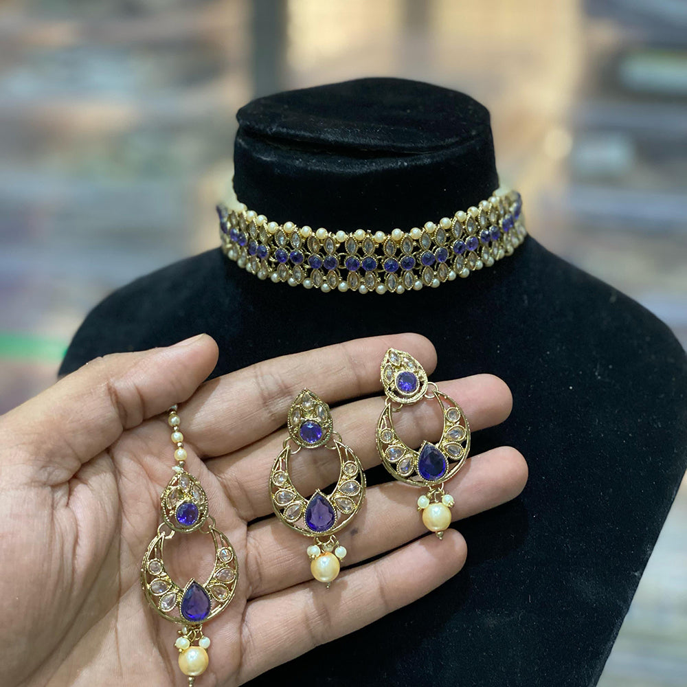 Hira Collections Traditional Gold Plated  Pearls and Crystals Choker Necklace Set