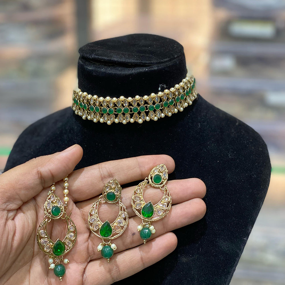 Hira Collections Traditional Gold Plated  Pearls and Crystals Choker Necklace Set