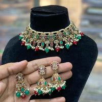 Hira Collections Traditional Gold Plated  Pearls and Crystals Choker Necklace Set