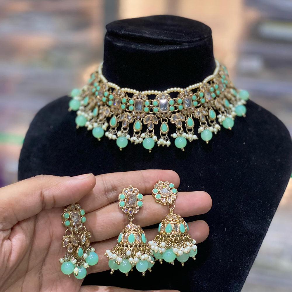 Hira Collections Traditional Gold Plated  Pearls and Crystals Choker Necklace Set