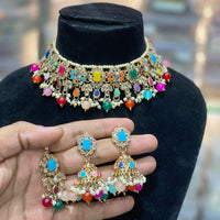 Hira Collections Traditional Gold Plated  Pearls and Crystals Choker Necklace Set