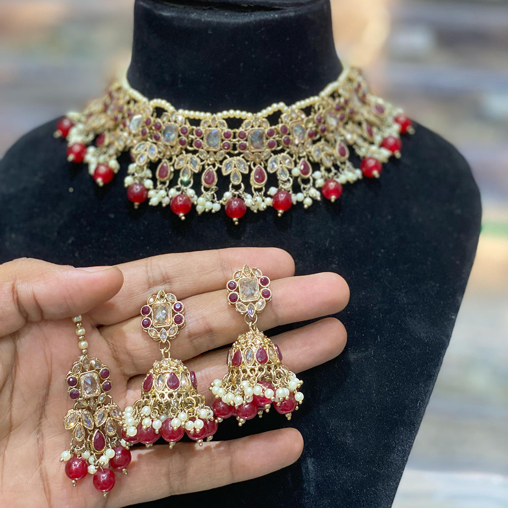 Hira Collections Traditional Gold Plated  Pearls and Crystals Choker Necklace Set