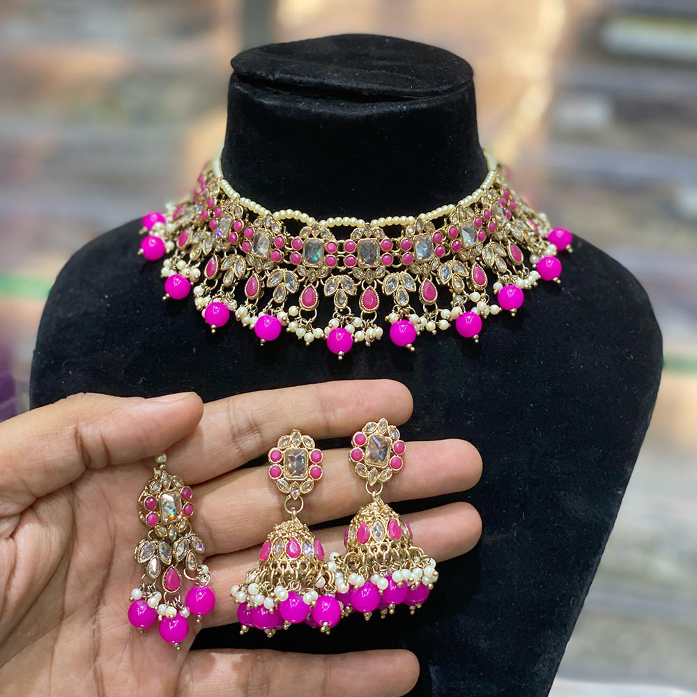 Hira Collections Traditional Gold Plated  Pearls and Crystals Choker Necklace Set