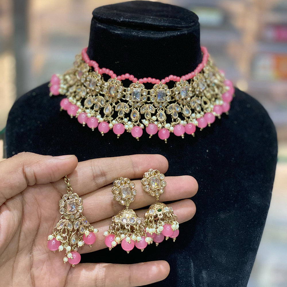 Hira Collections Traditional Gold Plated  Beads and Crystals Choker Necklace Set