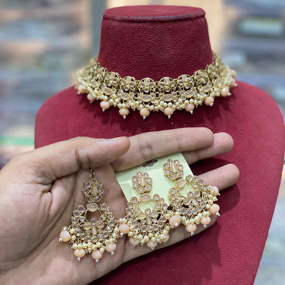 Hira Collections Traditional Gold Plated  Beads and Crystals Necklace Set