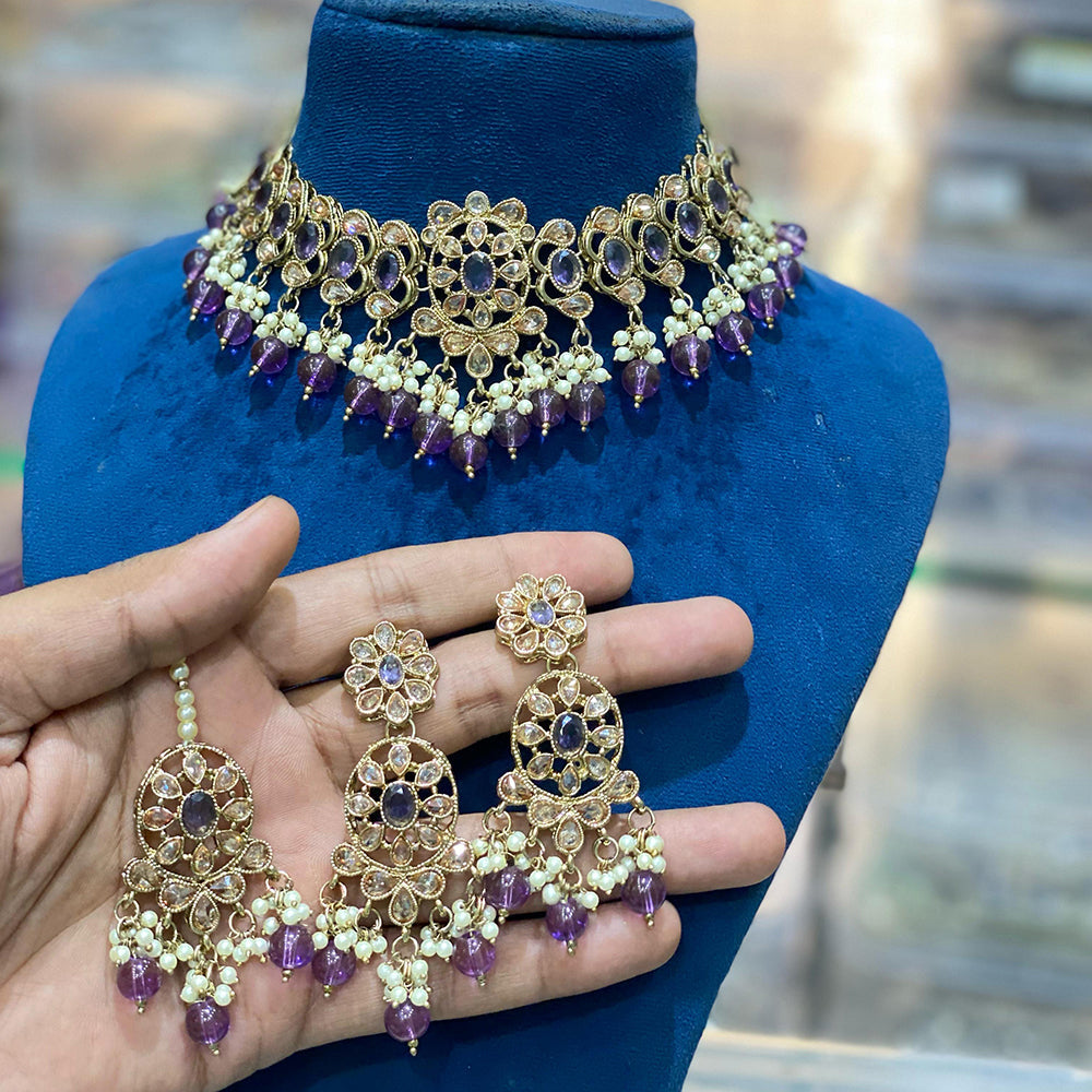Hira Collections Traditional Gold Plated  Beads and Crystals Choker Necklace Set