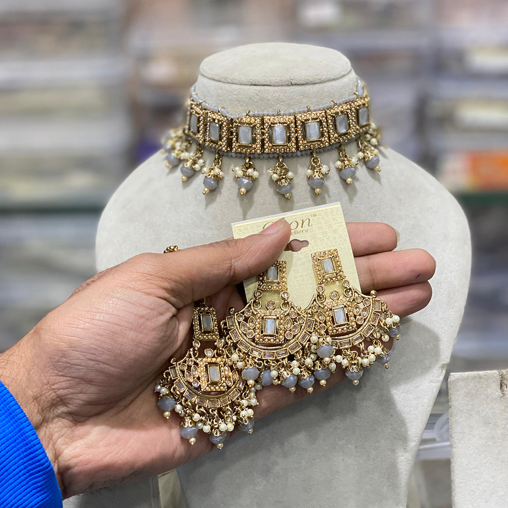 Hira Collections Traditional Gold Plated  Beads and Crystals Choker Necklace Set