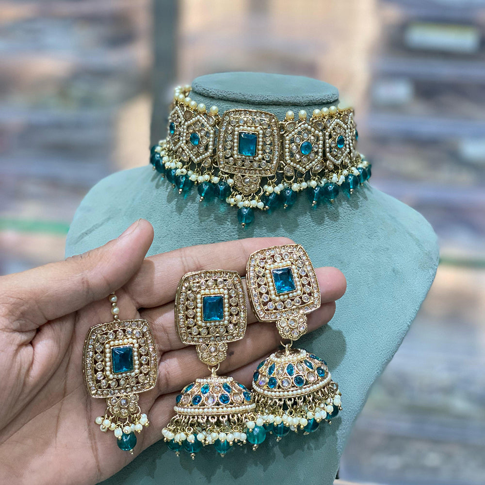 Hira Collections Traditional Gold Plated  Beads and Crystals Choker Necklace Set