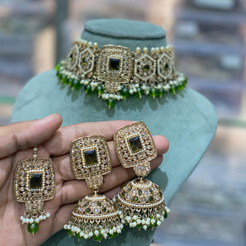 Hira Collections Traditional Gold Plated  Beads and Crystals Choker Necklace Set