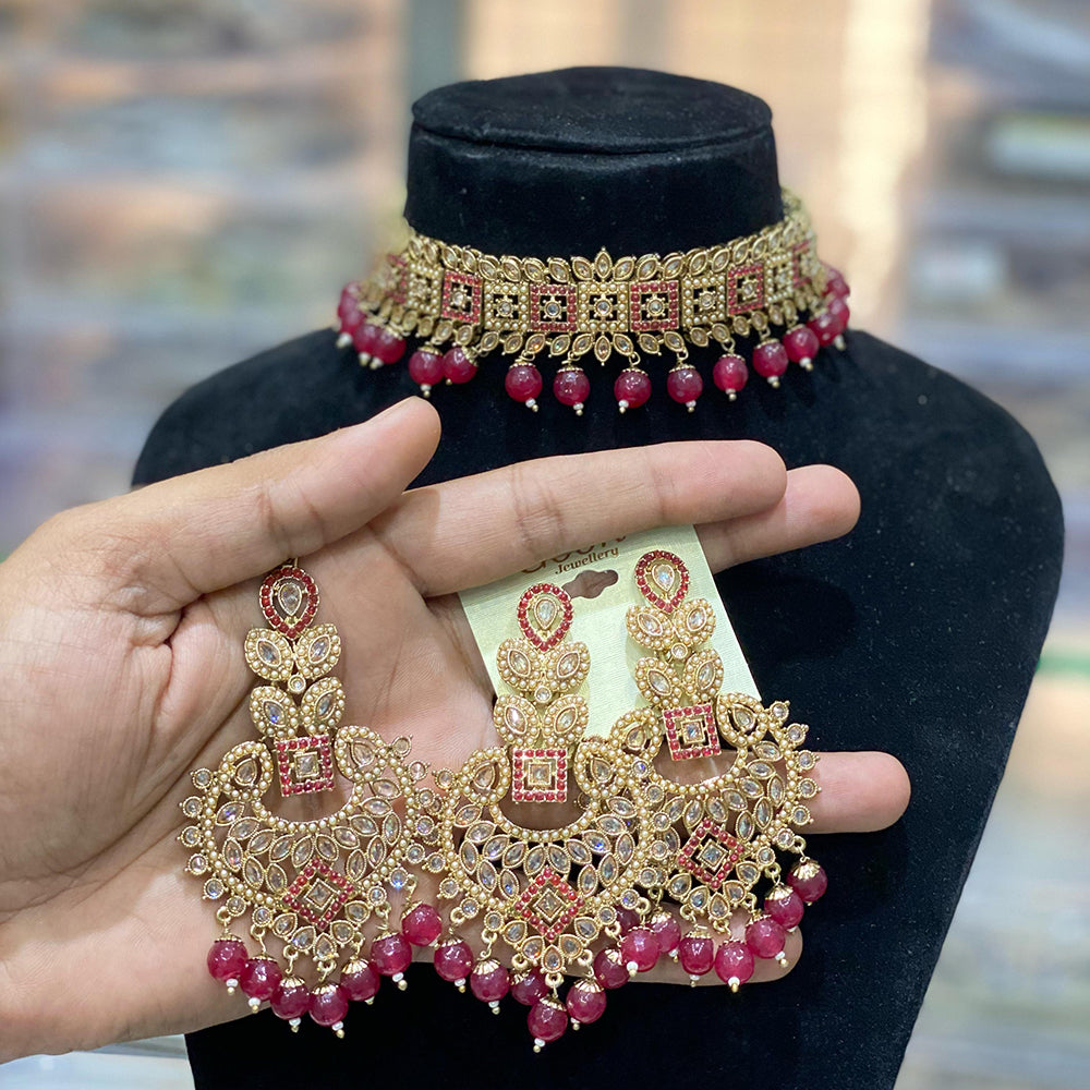 Hira Collections Traditional Gold Plated  Beads and Crystals Choker Necklace Set