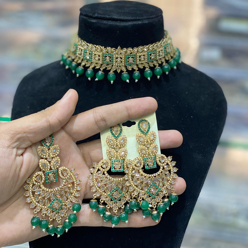 Hira Collections Traditional Gold Plated  Beads and Crystals Choker Necklace Set