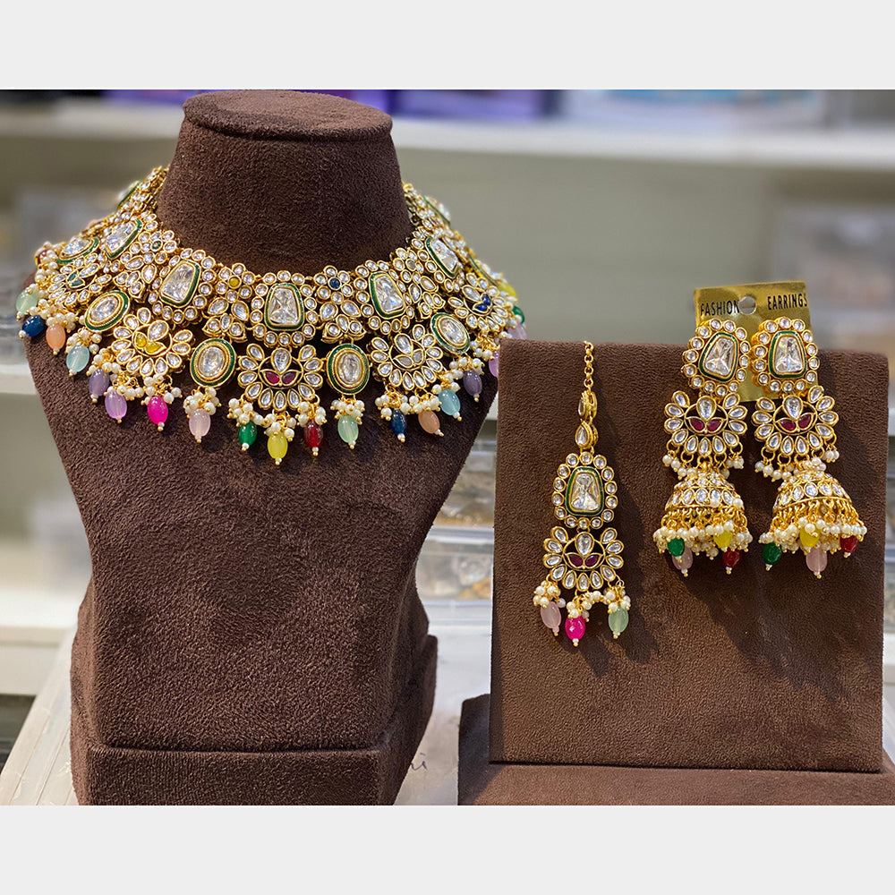 Hira Collections Elegant Gold Plated Kundan Work and Beads Necklace Set