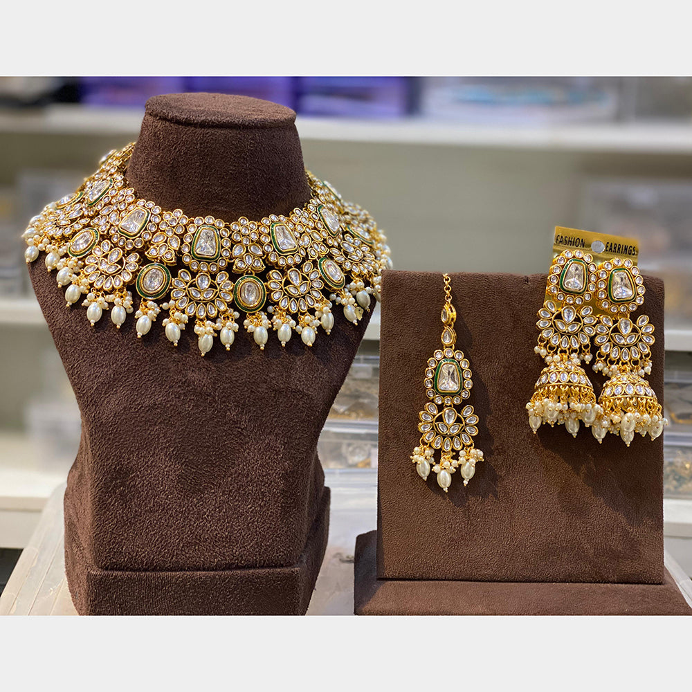 Hira Collections Elegant Gold Plated Kundan Work and Beads Necklace Set