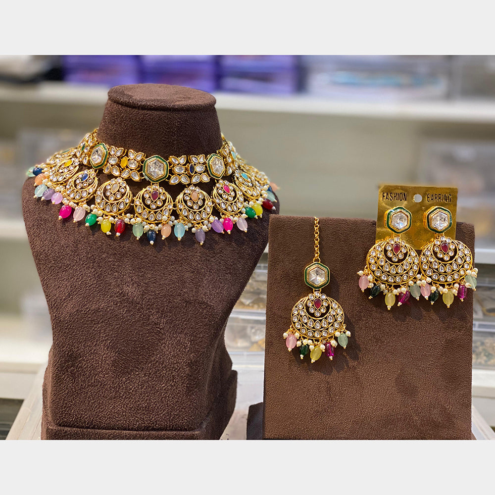 Hira Collections Elegant Gold Plated Kundan Work and Beads Necklace Set