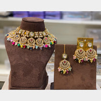 Hira Collections Elegant Gold Plated Kundan Work and Beads Necklace Set