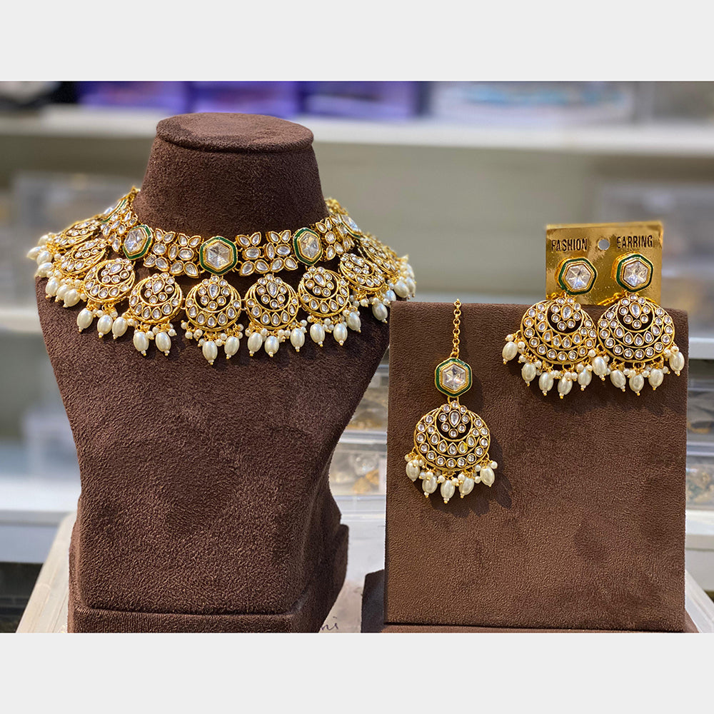 Hira Collections Elegant Gold Plated Kundan Work and Beads Necklace Set