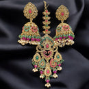 Hira Collections Gold Plated Crystals And Pearl Jhumki Earrings With Maangtikka
