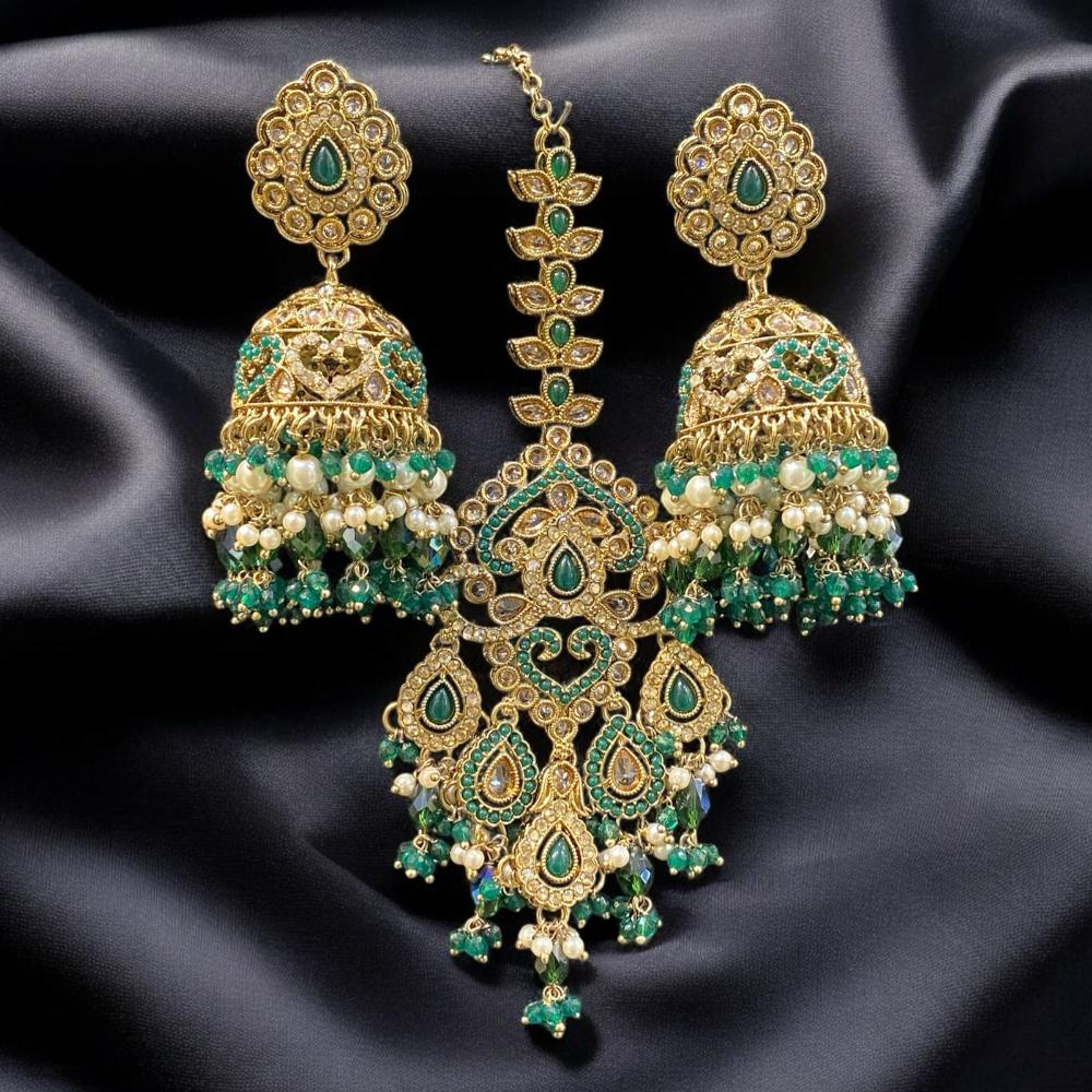 Hira Collections Gold Plated Crystals And Pearl Jhumki Earrings With Maangtikka