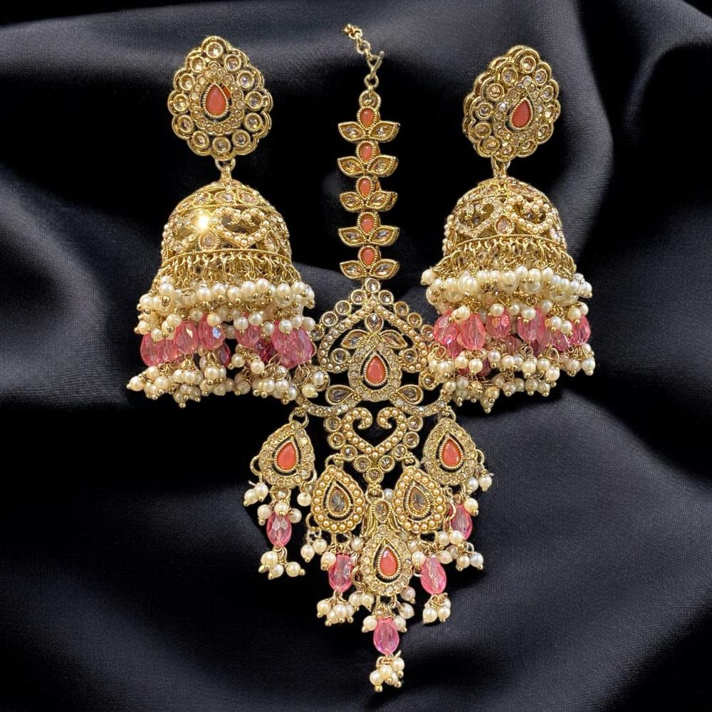 Hira Collections Gold Plated Crystals And Pearl Jhumki Earrings With Maangtikka
