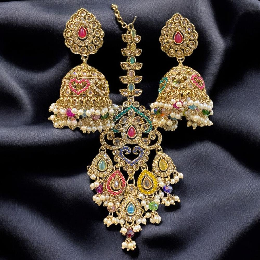 Hira Collections Gold Plated Crystals And Pearl Jhumki Earrings With Maangtikka