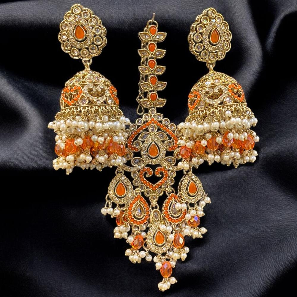 Hira Collections Gold Plated Crystals And Pearl Jhumki Earrings With Maangtikka
