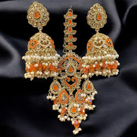 Hira Collections Gold Plated Crystals And Pearl Jhumki Earrings With Maangtikka