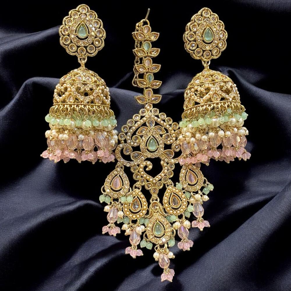 Hira Collections Gold Plated Crystals And Pearl Jhumki Earrings With Maangtikka