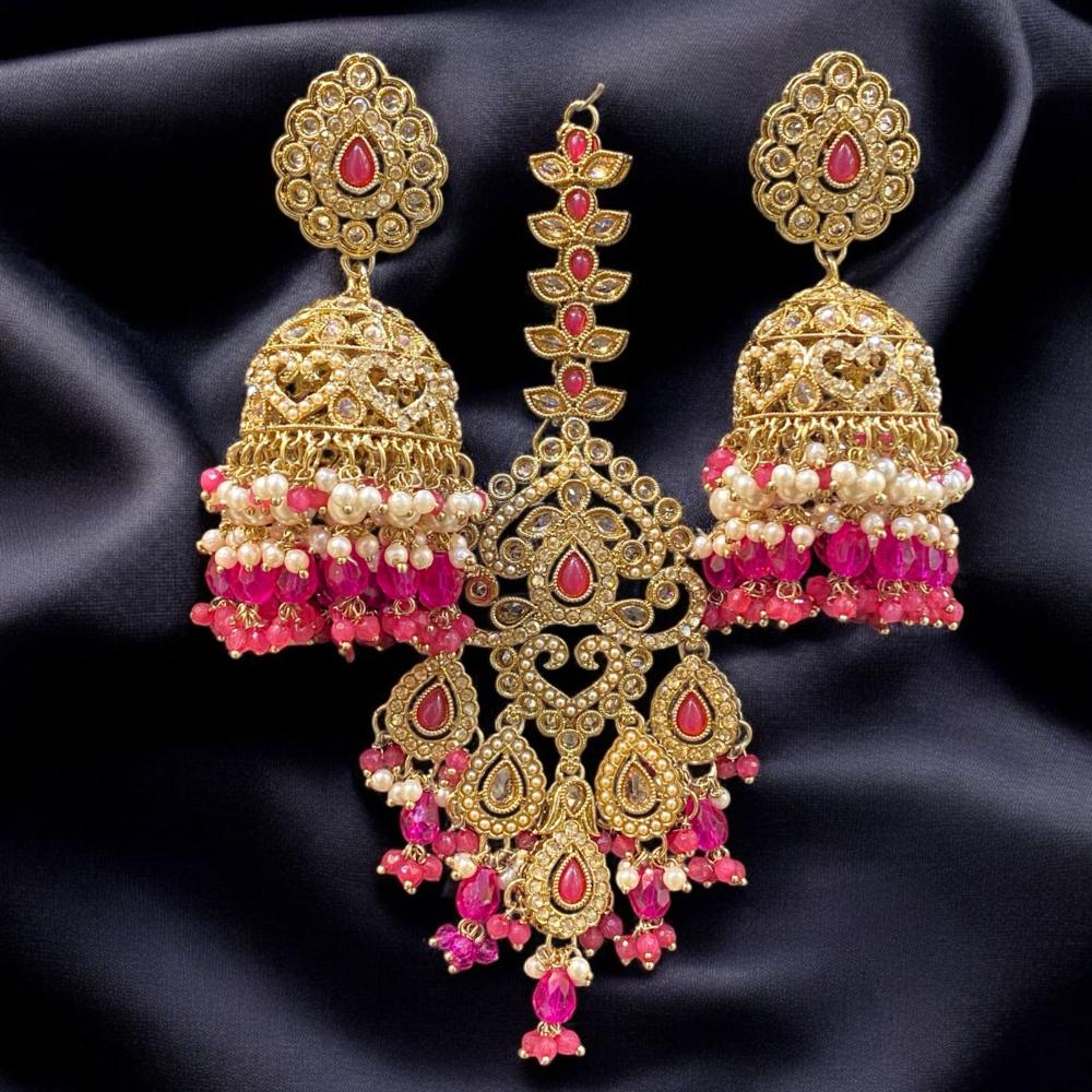 Hira Collections Gold Plated Crystals And Pearl Jhumki Earrings With Maangtikka