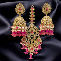 Hira Collections Gold Plated Crystals And Pearl Jhumki Earrings With Maangtikka