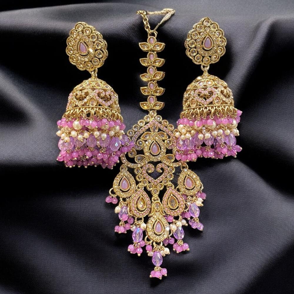 Hira Collections Gold Plated Crystals And Pearl Jhumki Earrings With Maangtikka