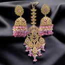 Hira Collections Gold Plated Crystals And Pearl Jhumki Earrings With Maangtikka