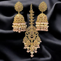 Hira Collections Gold Plated Crystals And Pearl Jhumki Earrings With Maangtikka