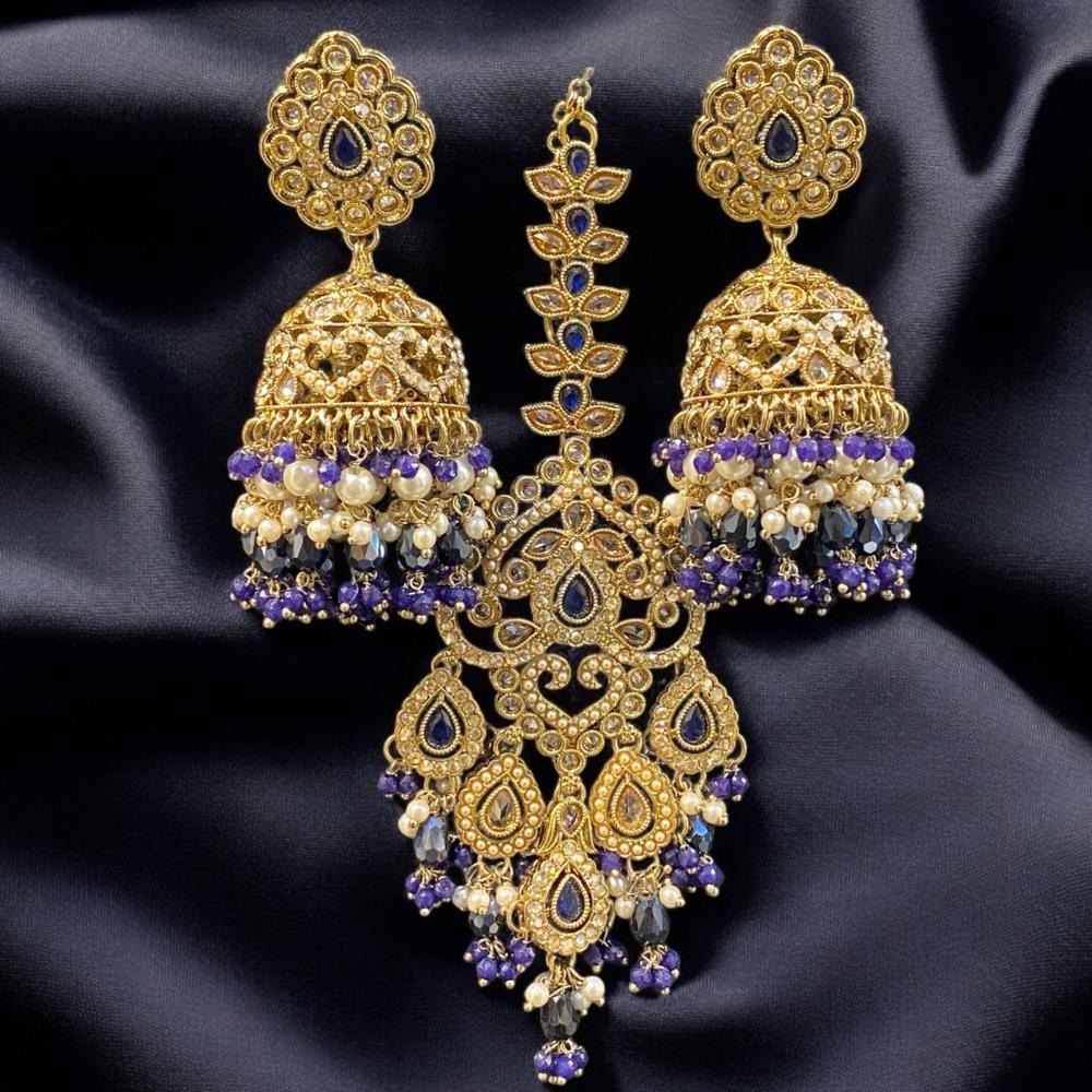 Hira Collections Gold Plated Crystals And Pearl Jhumki Earrings With Maangtikka