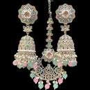 Hira Collections Silver Plated Crystals And Pearl Jhumki Earrings With Maangtikka