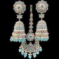 Hira Collections Silver Plated Crystals And Pearl Jhumki Earrings With Maangtikka