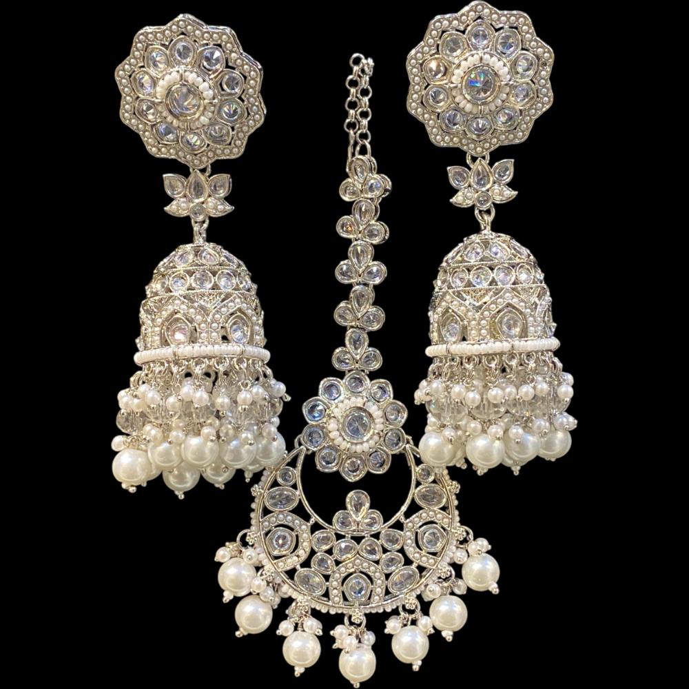 Hira Collections Silver Plated Crystals And Pearl Jhumki Earrings With Maangtikka