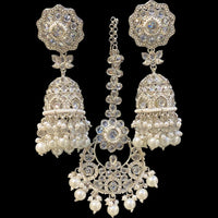 Hira Collections Silver Plated Crystals And Pearl Jhumki Earrings With Maangtikka