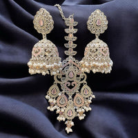 Hira Collections Silver Plated Crystals And Pearl Jhumki Earrings With Maangtikka