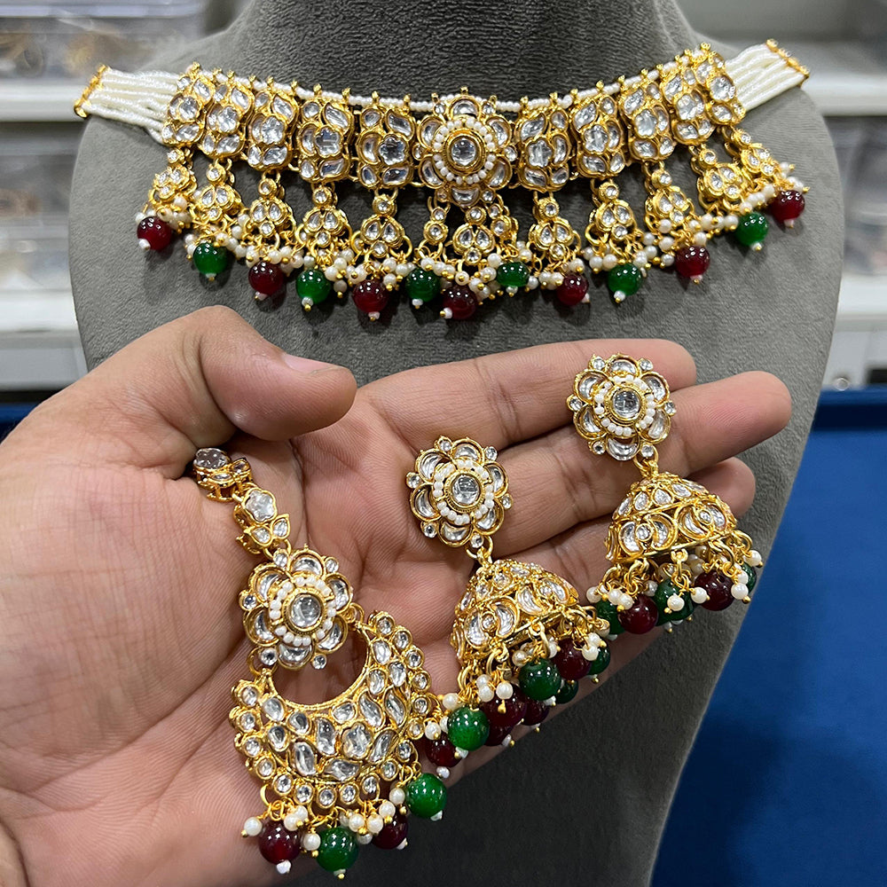 Hira Collections  Gold Plated Royal Kundan Stone And Beads Necklace Set