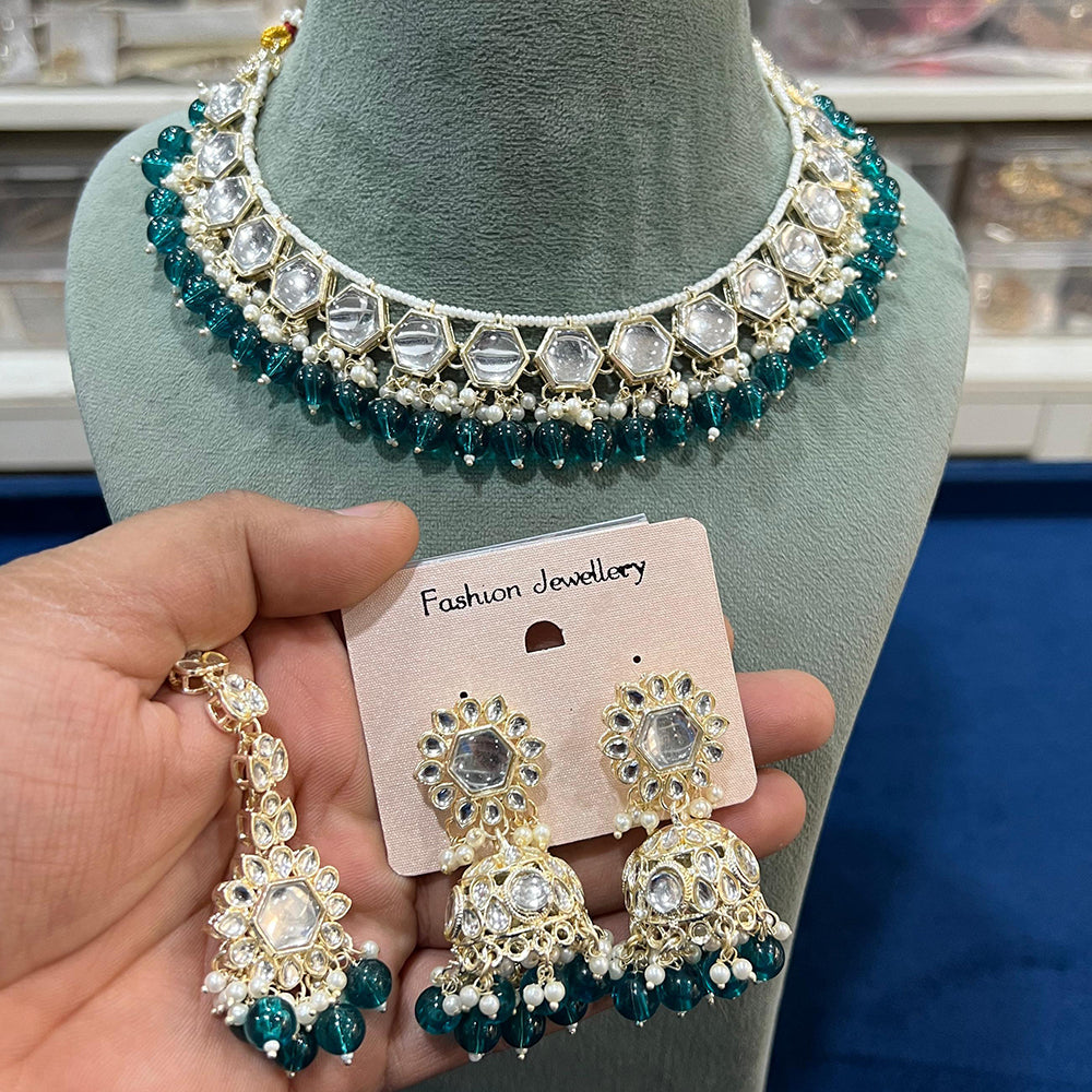 Hira Collections  Gold Plated Royal Kundan Stone And Beads Necklace Set