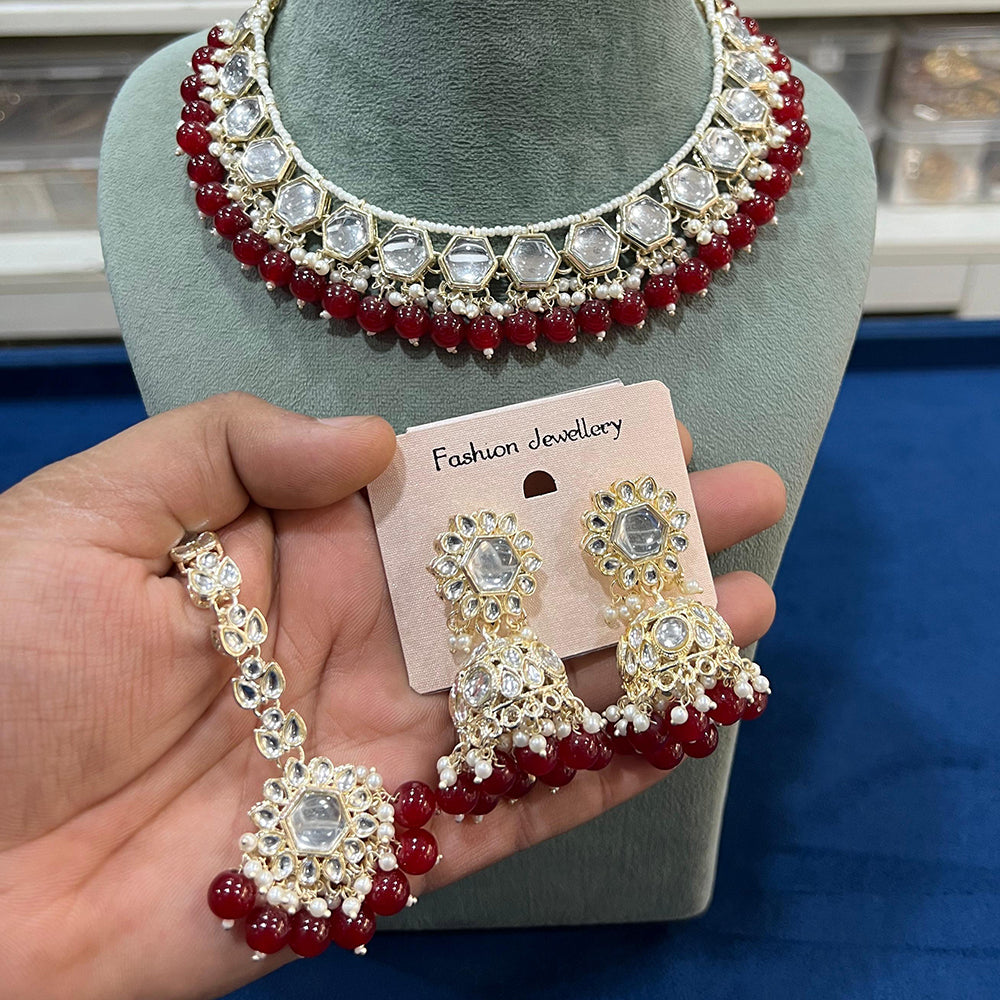 Hira Collections  Gold Plated Royal Kundan Stone And Beads Necklace Set